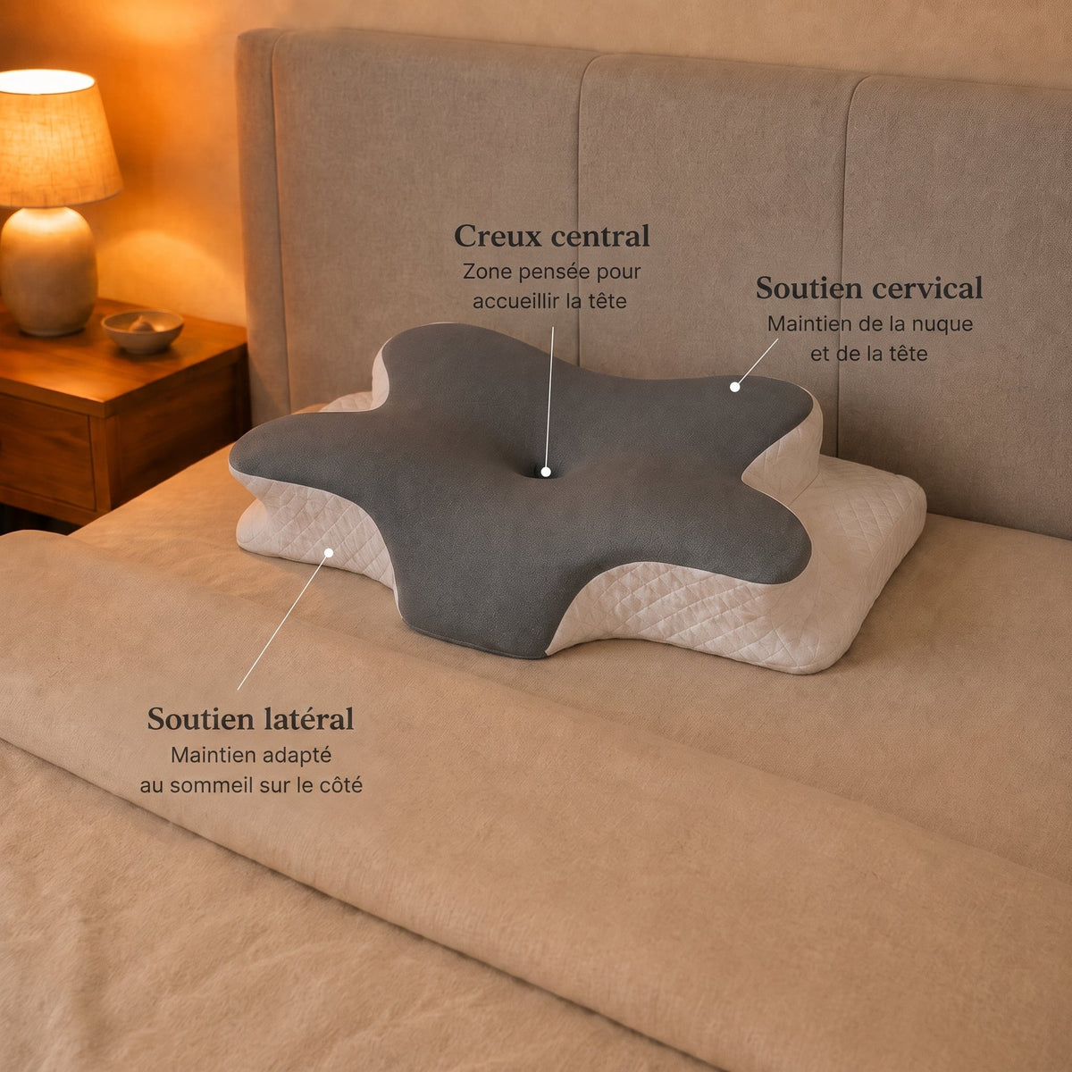 Coussin cervical Denua — matière et finition