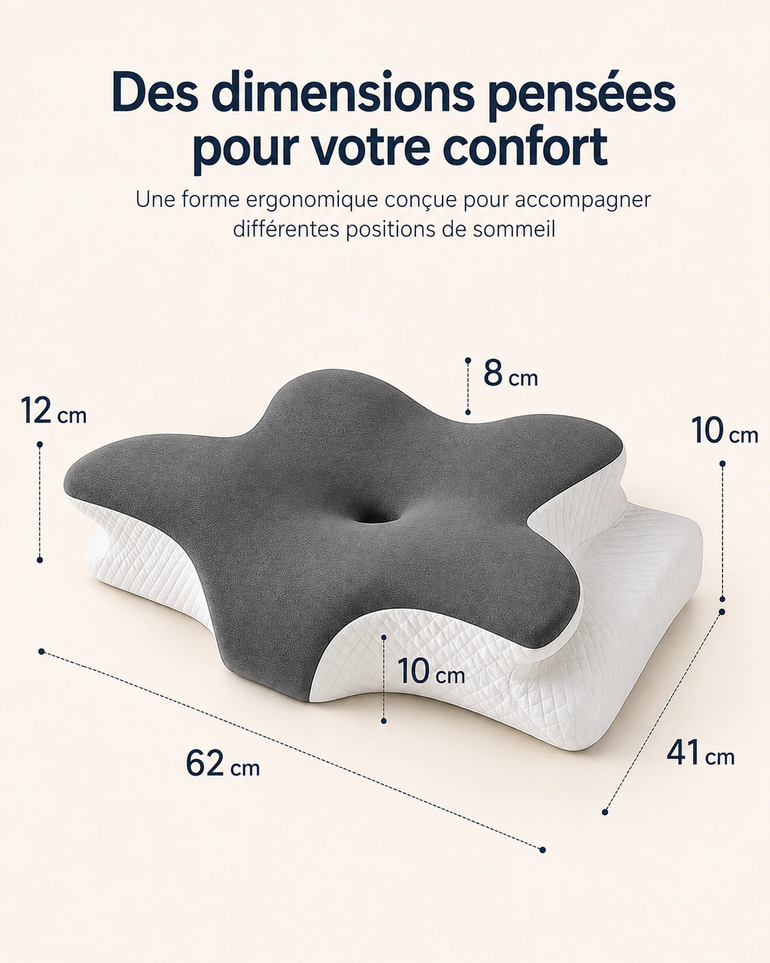 Illustration schématique du coussin cervical Denua avec ses repères de largeur et de longueur.