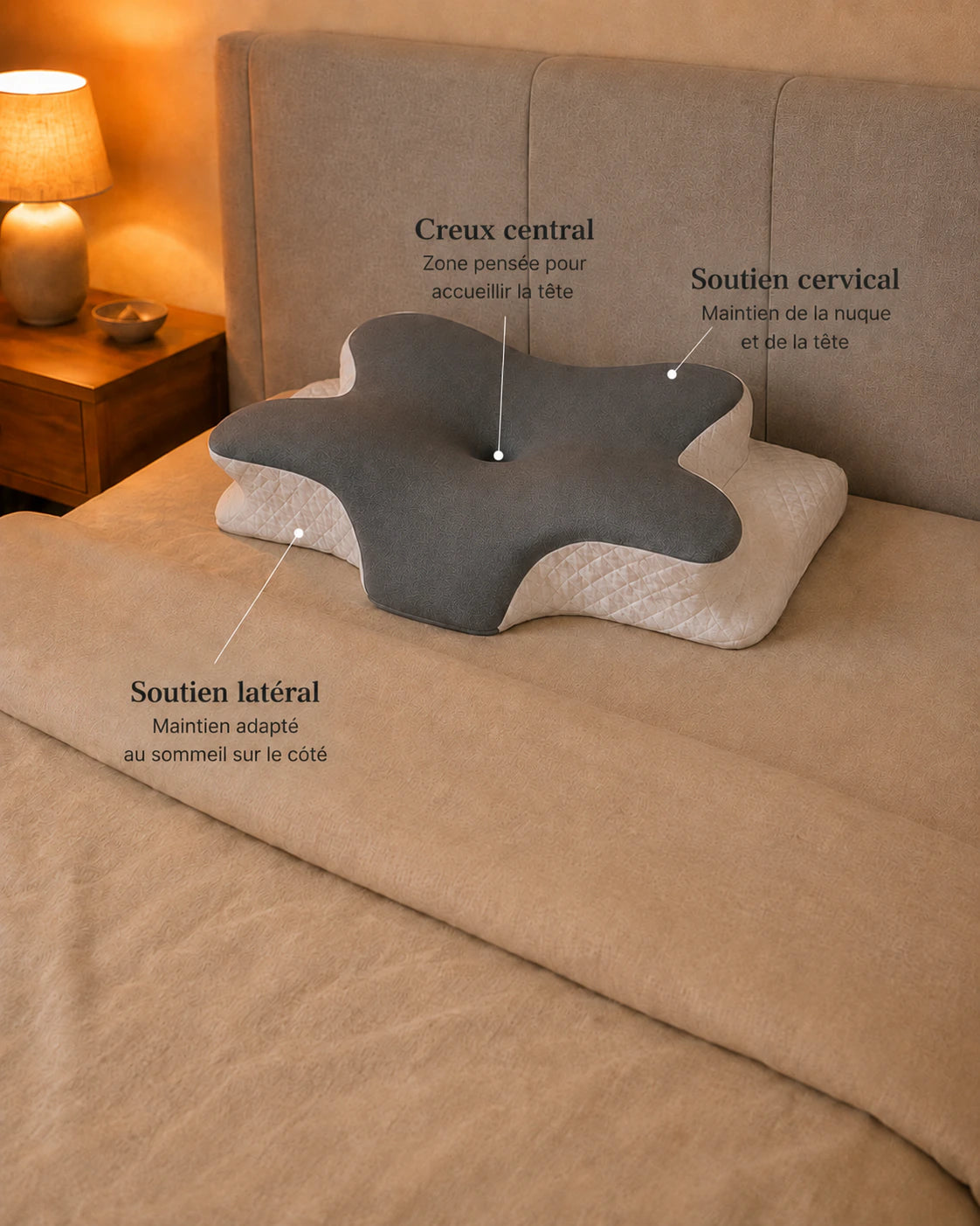 Vue des zones latérale et centrale du coussin cervical Denua, illustrant sa forme de soutien.